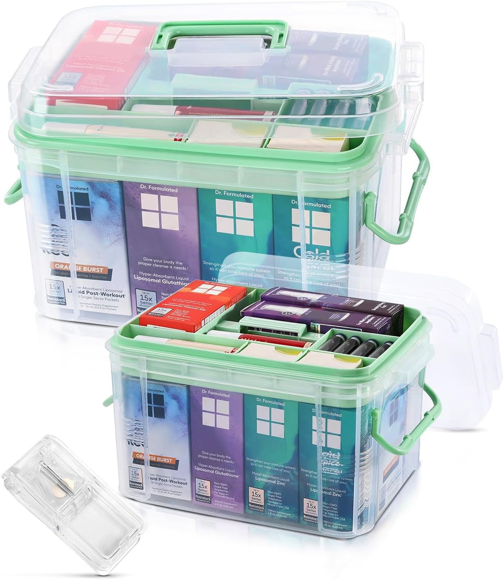 Skiennix Medicine Organizer Storage Box - 2 Pack Clear Portable Pill Splitter & First Aid Kit