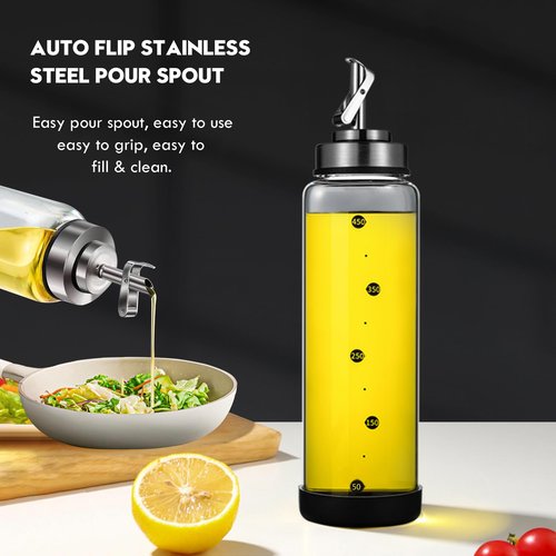BENEBYR Glass Olive Oil Dispenser Bottle for Kitchen Shatterproof & Leakproof Cooking Oil Dispenser with Stainless Steel Spout & Rubber Bottom 17 oz Heat Resistant Olive Oil Bottle