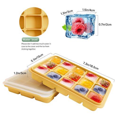 Tvmania Ice Cube Trays Set of 2, Easy Release 15 Flexible Silicone Ice Cube Molds with Removable Lid Reusable Freezer Ice Trays Stackable for Whiskey, Baby Food, BPA Free (yellow)