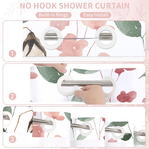 Litabel No Hook Pink Watercolor Floral Shower Curtain and Liner Set, Spring Flower Shower Curtains with Snap in Liner for Farmhouse Bathroom Decor, Botanical Bathroom Curtain with Leaves, 72x74