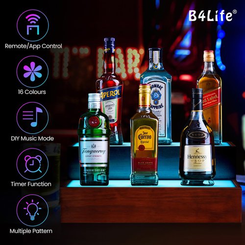 B4Life 16 Inch Lighted Liquor Bottle Display Shelf, 2 Tier LED Bar Shelves, Liquor Bar Shelf for Home Bar
