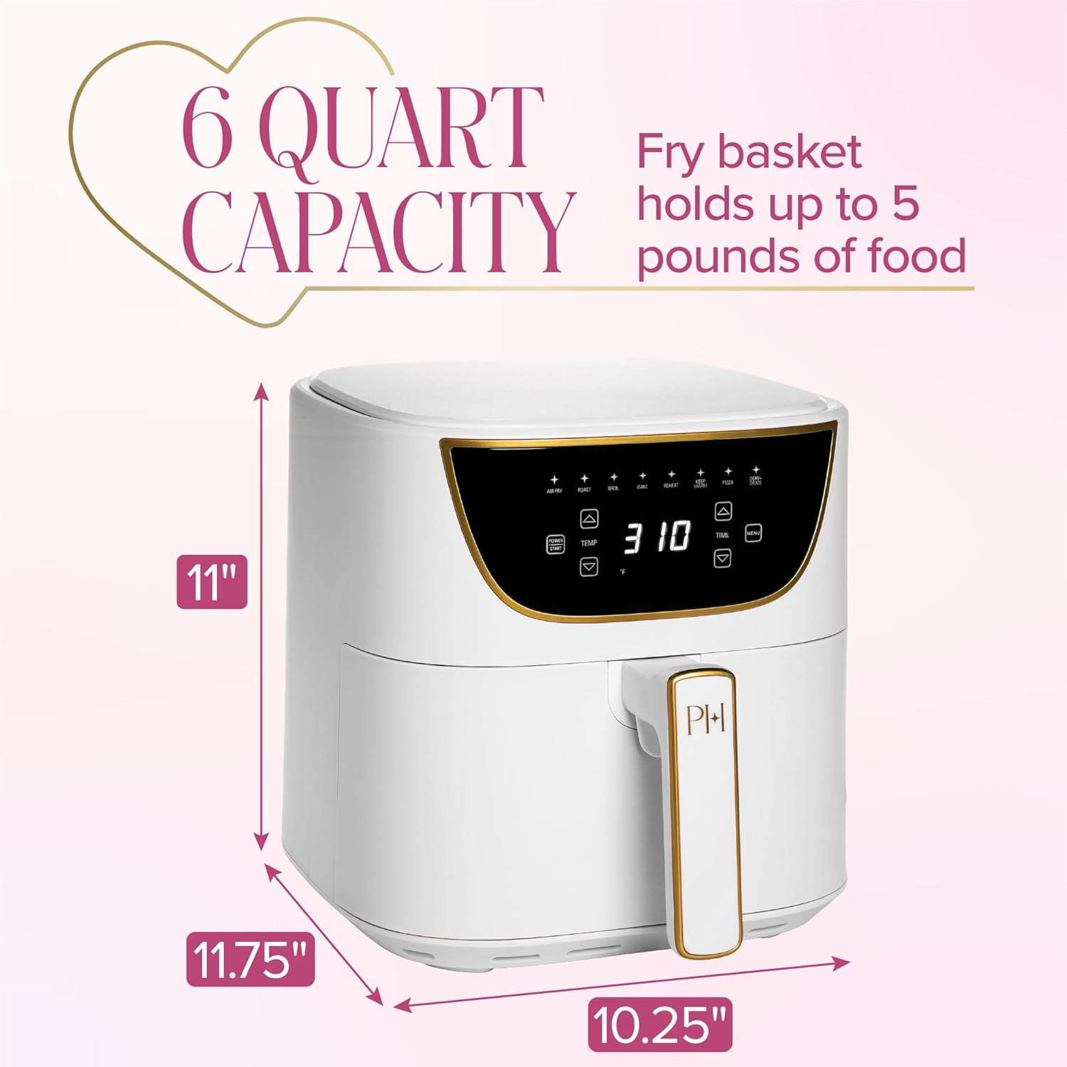Paris Hilton Air Fryer - 6-Quart Nonstick Capacity | 8-in-1 Touchscreen, Dishwasher Safe, White