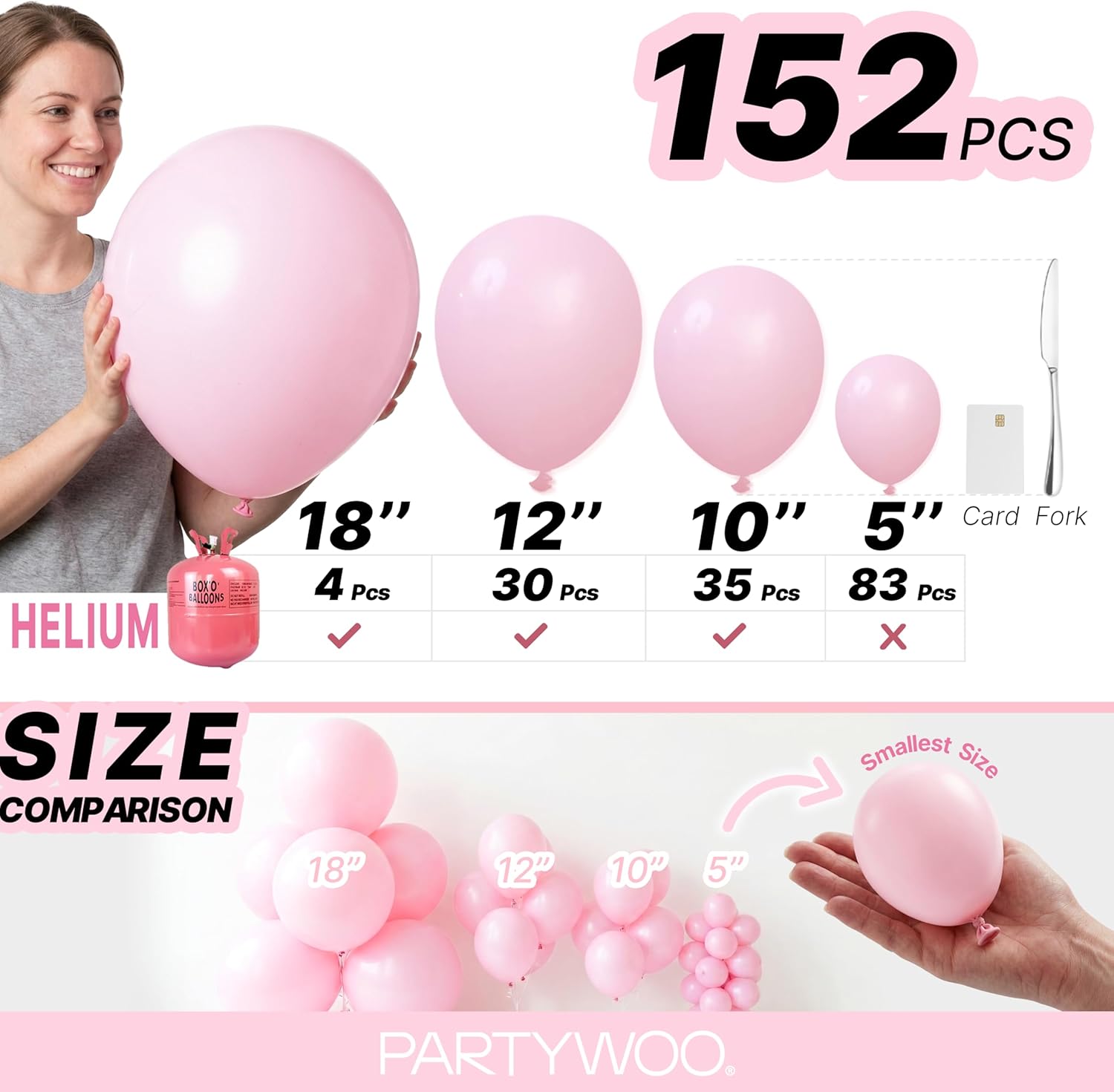 PartyWoo Light Pink Balloon Arch Kit - 152pcs in Various Sizes for Baby Showers & Birthday Parties