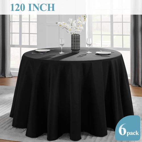 VidaFete 6 Pack 120inch Round Tablecloth Polyester Table Cloth，Stain Resistant and Wrinkle Polyester Dining Table Cover for Kitchen Dinning Party Wedding Rectangular Tabletop Buffet Decoration(Black)