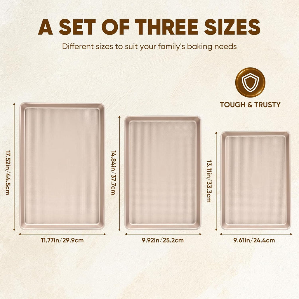 Sakerplus Nonstick Baking Sheet Pan Set - Heavy Duty Cookie Sheets | Rust-Resistant, Easy Clean, 3 Sizes in Champagne Gold