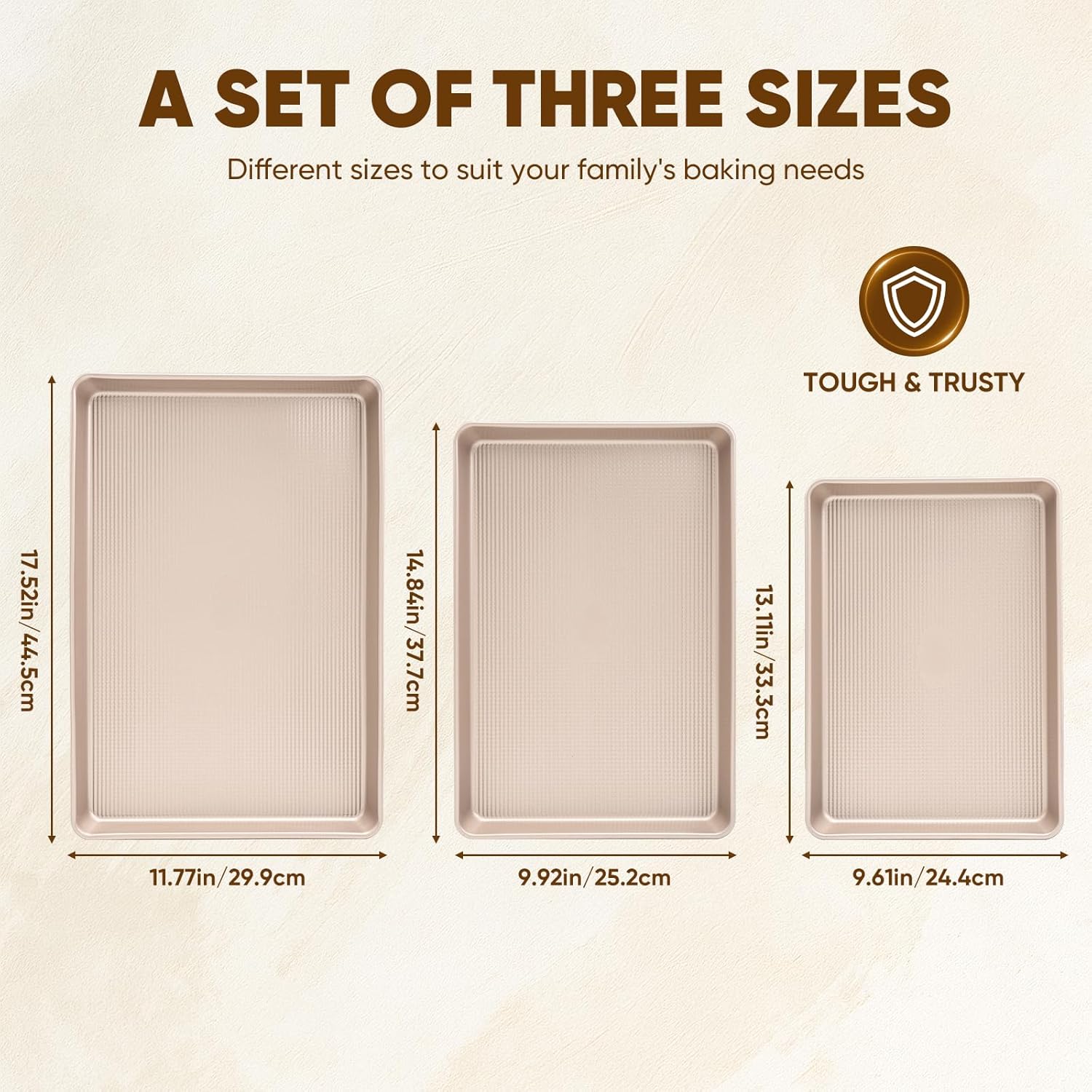 Sakerplus Nonstick Baking Sheet Pan Set - Heavy Duty Cookie Sheets | Rust-Resistant, Easy Clean, 3 Sizes in Champagne Gold