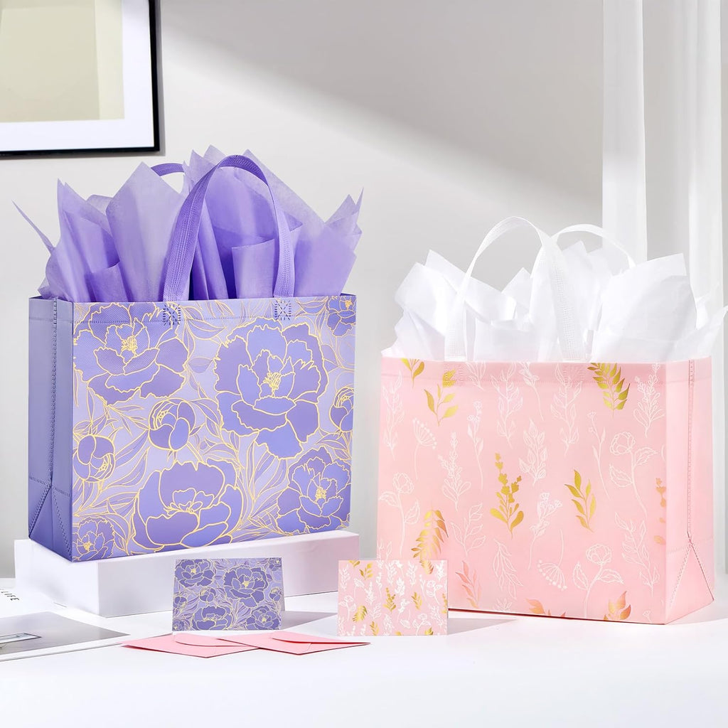 YANGTE 2 Pack 13" Large Reusable Gift Bags - Beautiful Design with Greeting Card & Tissue Paper for Birthdays, Weddings & Special Occasions
