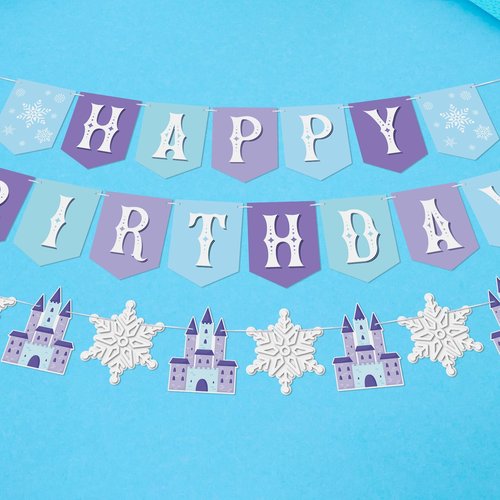 Snowflake Happy Birthday Banner,2 Set Pre-Strung Blue Snowflake Banner with Castle for Birthday Party Decorations,Winter Wonderland Holiday Party Decorations,Christmas