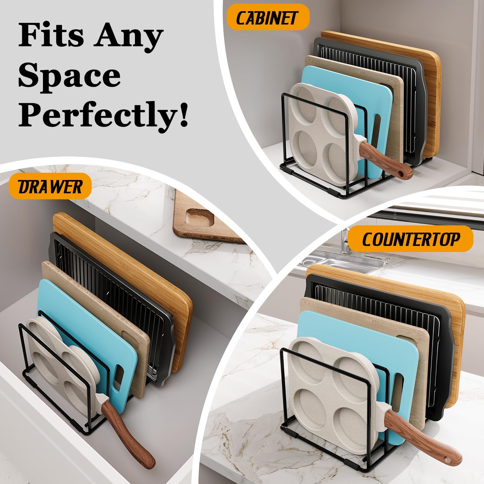 WUGEUSCH Kitchen Pan Organizer and Pot Rack, 5-Slot Steel Holder for Thin Pans, Baking Trays, and Cutting Boards - Space-Saving Storage