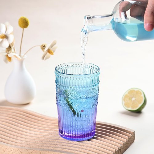 Loivttvv 6pcs Vintage Drinking Glasses Set, 12 oz Glass Cups, Embossed Ribbed Glassware Drinking Glasses for Cocktail, Water, Juice, Coffee, Whiskey