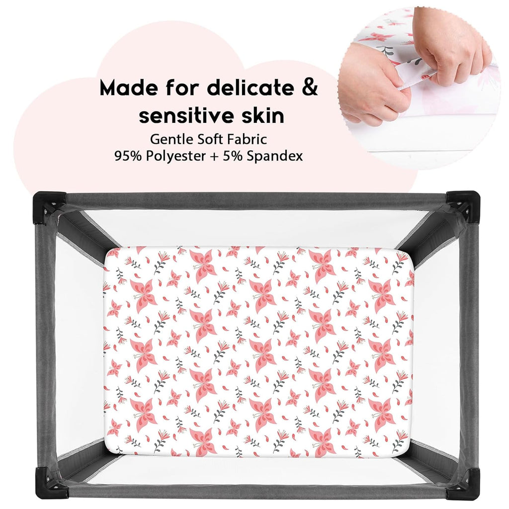 Yoofoss Fitted Pack and Play Sheets - Soft, Breathable Mini Crib Sheets 2-Pack (Pink & Butterflies)