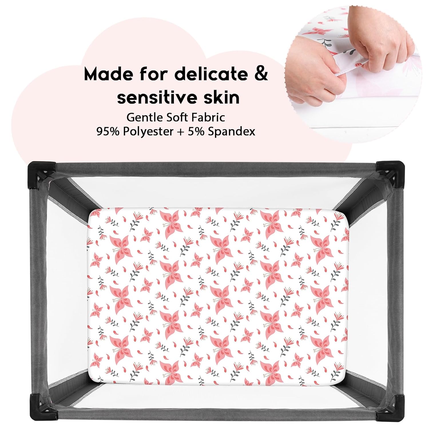 Yoofoss Fitted Pack and Play Sheets - Soft, Breathable Mini Crib Sheets 2-Pack (Pink & Butterflies)