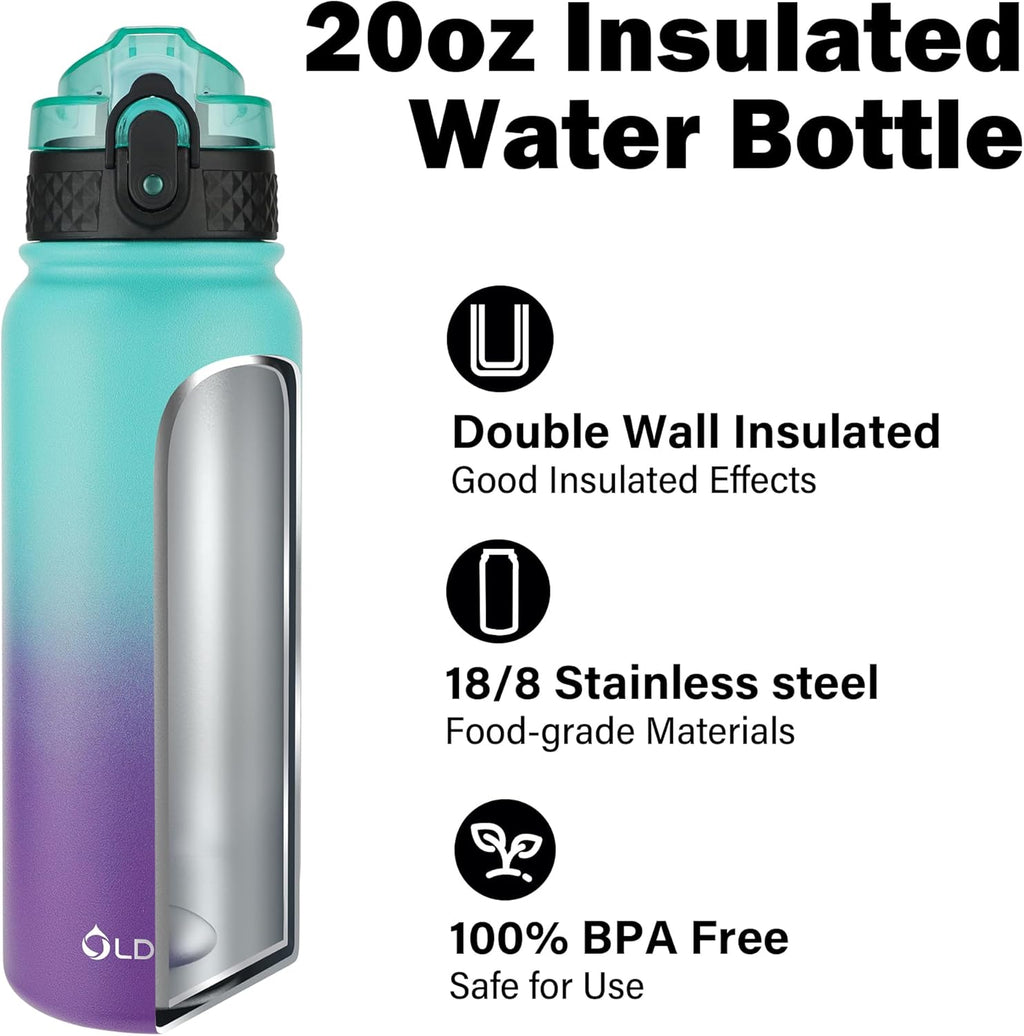 Oldley Insulated Water Bottle - 20oz Stainless Steel with 3 Lids | Leak-Proof, Double Wall, Green & Purple