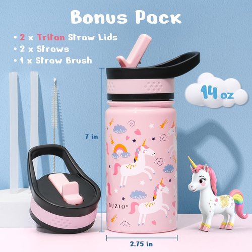 BUZIO Kids Water Bottle - 14oz Insulated Stainless Steel Thermo Cup with Straw Lid | Pink Unicorn Design