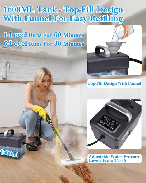 Mecmic Steam Cleaner for Home - 1600ML Water Tank 15s Heat-Up Portable Steamer for Cleaning, 6 Level Adjustable, 2500W, 45PSI, 250°F Steam, Handheld Steam Cleaner for Car Detailing, Grease, Tile,Grout