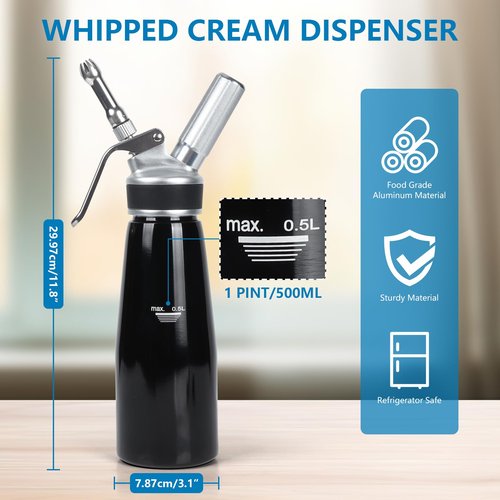 NATUREKIT Whipped Cream Dispenser 500ml – 1 Pint Aluminum Cream Canister with 3 Nozzles & Cleaning Brush – Leak-Proof Whip Cream Maker for Desserts, Toppings, N2O Charger not Included