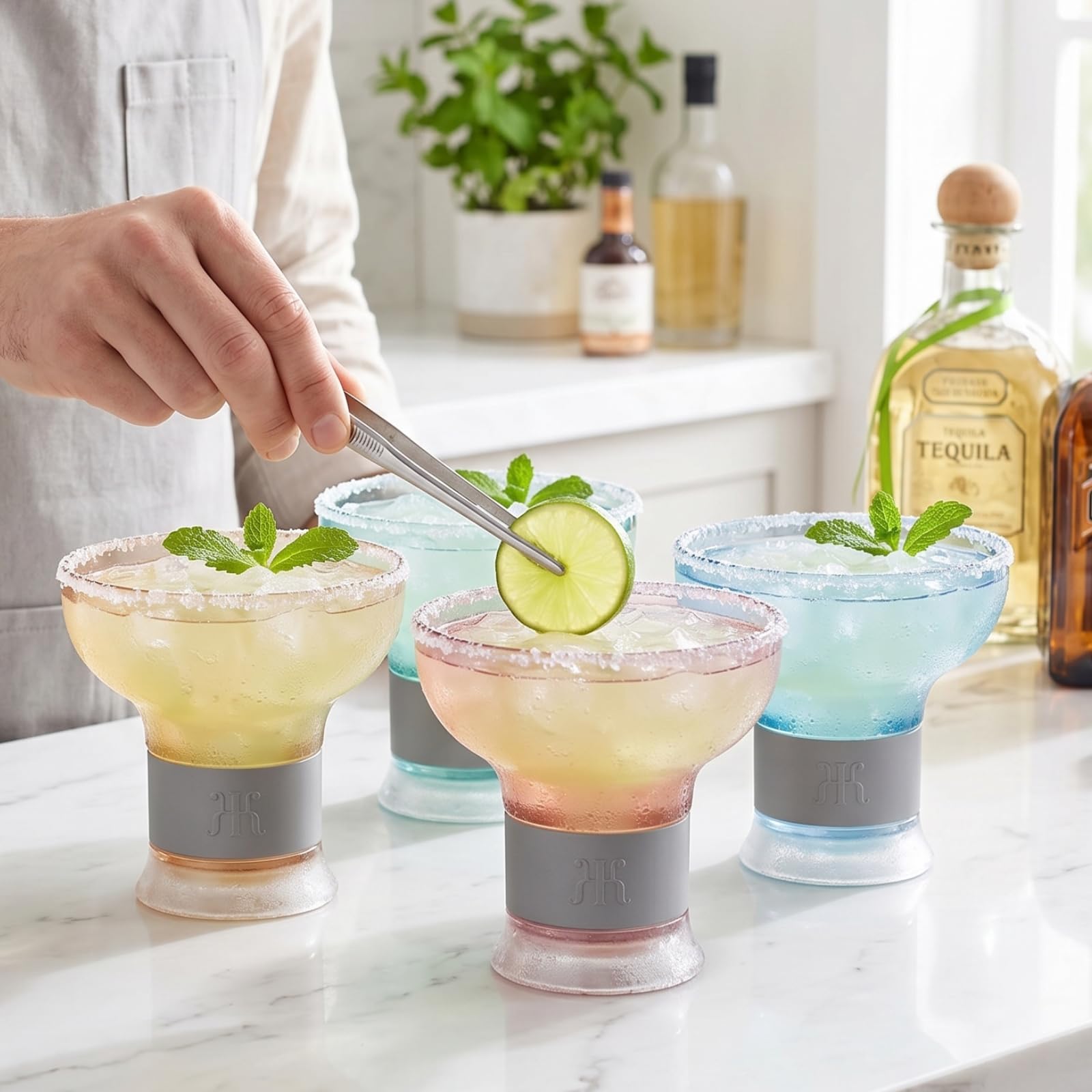Khen Frozen Margarita & Cocktail Chiller Glasses | Set of 4 | Cooling Cups 12 OZ Unbreakable Tritan Acrylic, Double Wall Insulated to Keep Drink Cool, Freeze Gel Glass Cup, Silicone Holder