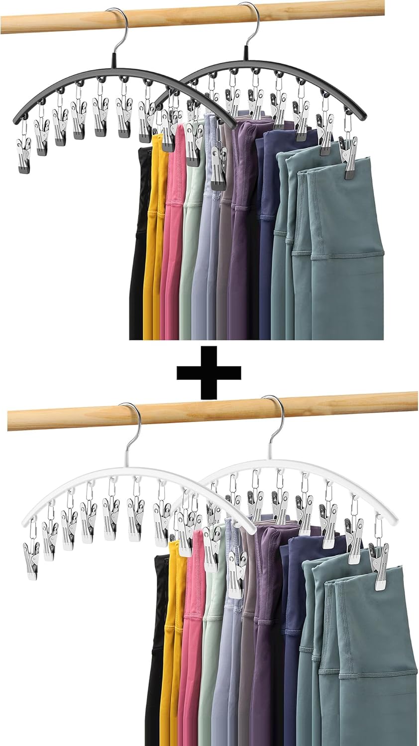 Skiennix Legging Organizer - Metal Yoga Pants Hangers 4 Pack with 10 Clips | Space-Saving Black & White Design