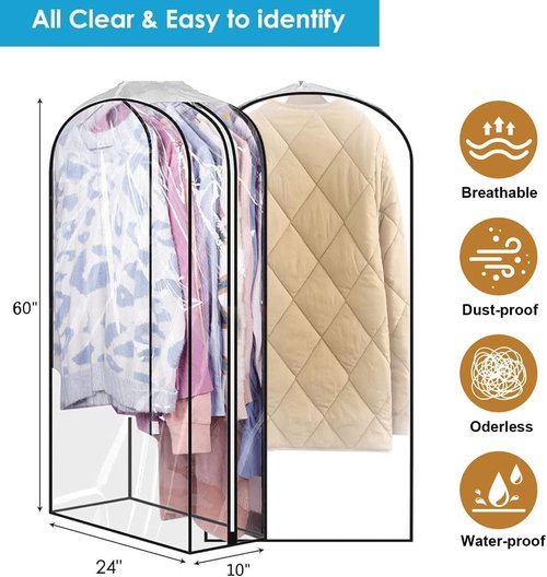 60 Clear Clothes Hangers - Waterproof Garment Bags with Smooth Zipper | 10" Gusseted for Shirts & Dresses