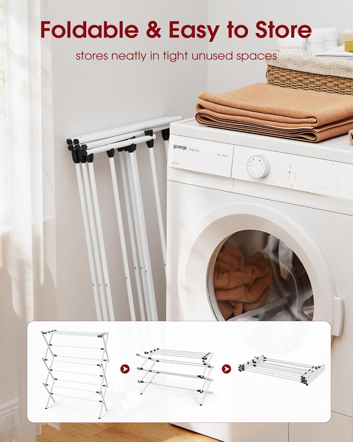 Sakugi Foldable Clothes Drying Rack - 3-Tier Metal Laundry Organizer with Non-Slip Feet | Indoor & Outdoor Use, 11.4"D x 29.1"W x 37.4"H, White & Black