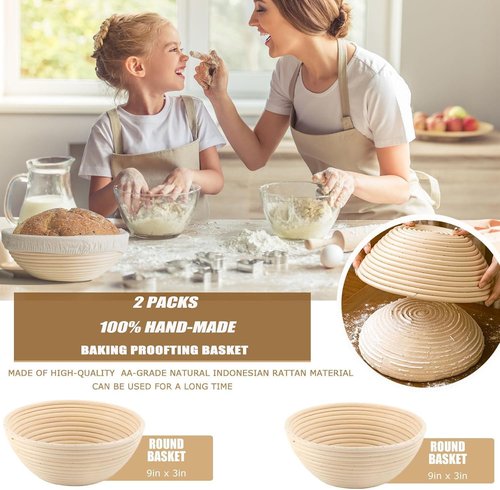 Banneton Bread Proofing Basket, XOHUYD Sourdough Bread Baking Supplies, 9" Round Sourdough Starter Kit, Bread Baking Supplies with Sling, Baking Mat, Natural Rattan Proofing Baskets Set of 2