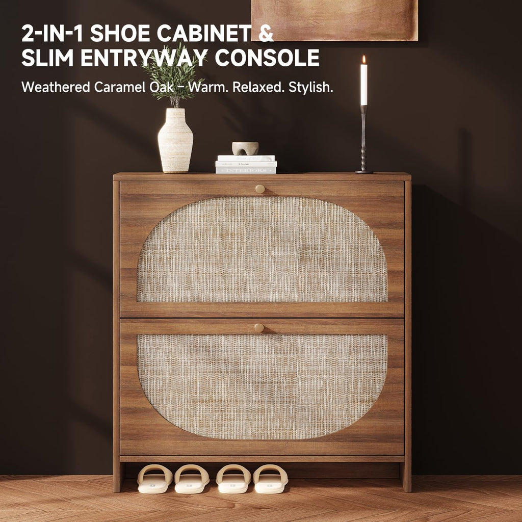 Nicetree Rattan Arched Accent Shoe Storage Cabinet - Freestanding Ultra Slim for Entryway, 2 Flip Drawers & 3-Tier Adjustable Shelves, Farmhouse Modern Rustic Shoe Rack for Hallway, Foyer, Living Room