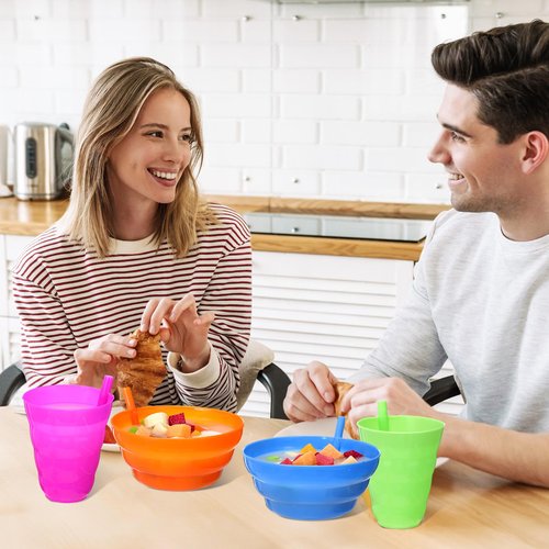 LemonRoad 20 Pcs/8 Set Cereal Bowls with Straws Colorful 16 oz Bowls and 10 oz Cups Both with Built in Straw Includes Cleaning Brushes Reusable Dishwasher for Milk Soup(Round)