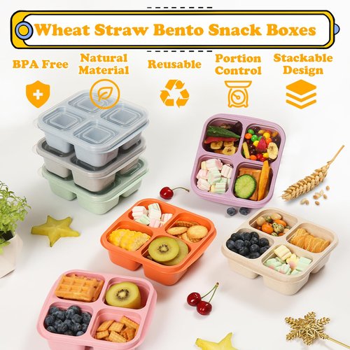 BE OVER QUALITY 4 Pack Meal Prep Containers, 4 Compartment Bento Snack Boxes, Reusable Divided Lunch Box Containers for Adults, Kids, Toddlers, Travel, Work, School