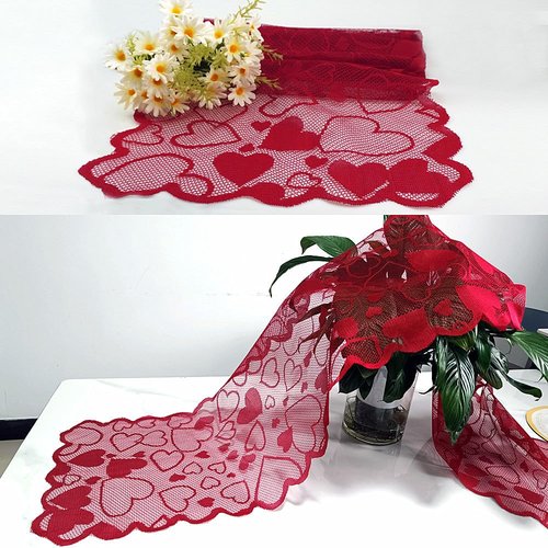 SaktopDeco Red Lace Table Runner Heart Runner 72 Inches Fireplace Mantle Scarf Cover Dinning Table Decoration