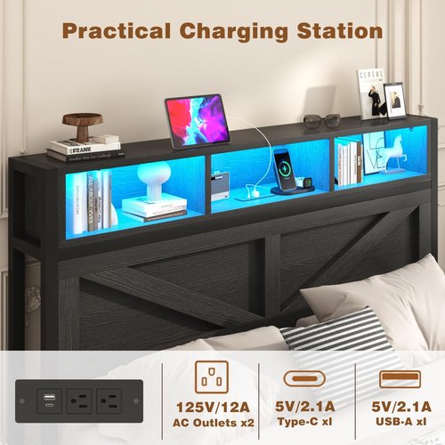 Incyneva Full Bed Frame - Farmhouse Style with Bookcase Storage, Charging Station & LED Light - Black
