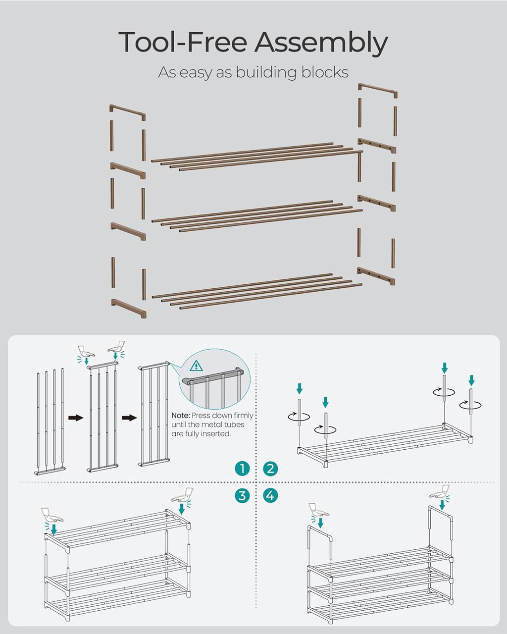 SONGMICS 3-Tier Shoe Rack - Stackable Metal Organizer for 16-20 Pairs | Walnut Brown, 11.8 x 36.2 x 21.7 Inches
