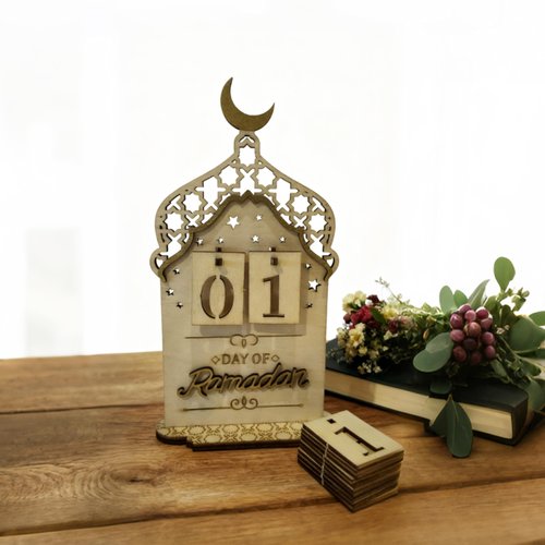 FESTGLOX Ramadan Countdown Calendar Wooden, Eid Decoration for Home, Ramadan Day Counter for Mubarak Desk Decor, Office Tabletop Centerpiece, Islamic Tabletop Mosque Design Display with Crescent Moon