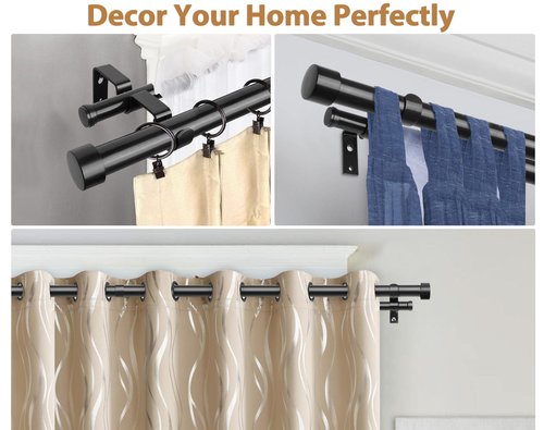 KAMANINA 1 Inch Double Curtain Rods 66 to 120 Inches (5.5-10 Feet), Heavy Duty Adjustable Double Curtain Rod for Windows, Black Drapery Rods with End Caps