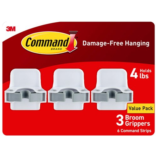 Command Broom Grippers, 3 Hangers and 6 Strips, Damage-Free Mop and Broom Holder Wall Mount, Household Cleaning Tool Organizer for Kitchen, Laundry Room, Closet, Holds up to 4 lb