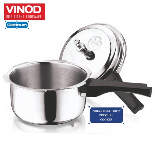 Vinod Platinum Triply Stainless Steel Outer Lid Pressure Cooker102 oz Capacity - ISI Certified, Silver, Induction Friendly, Pressure Cooker for Home Cooking