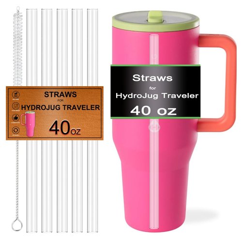Replacement Straws for HydroJug 40 oz Tumbler, 5-Pack 8.5 Inch Tritan Hard Plastic Straws with Cleaning Brush, BPA-Free Dishwasher Safe Reusable Straws for 40oz Hydro Jug Flip Straw Lid (Clear)