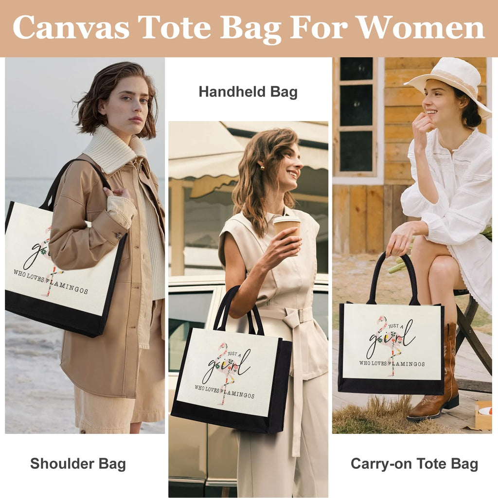 Canvas Tote Bag for Women, Cute Flamingo Gifts for Women, Flamingo Lover Gifts Aesthetic Beach Bag Reusable Grocery Bag, Birthday Christmas Gift for Mom Daughter Friends Sisters Who Loves Flamingos