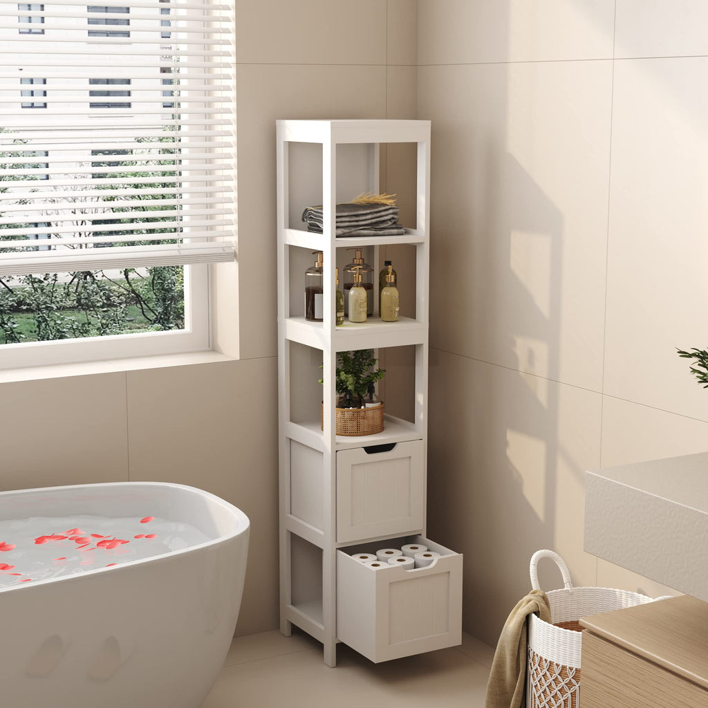 HOMEFORT Bathroom Storage Cabinet, Slim Tall Cabinet, Narrow Floor Cabinet Organizer, Wooden Linen Tower with 2 Drawers and 3 Shelves, Freestanding Cupboard White