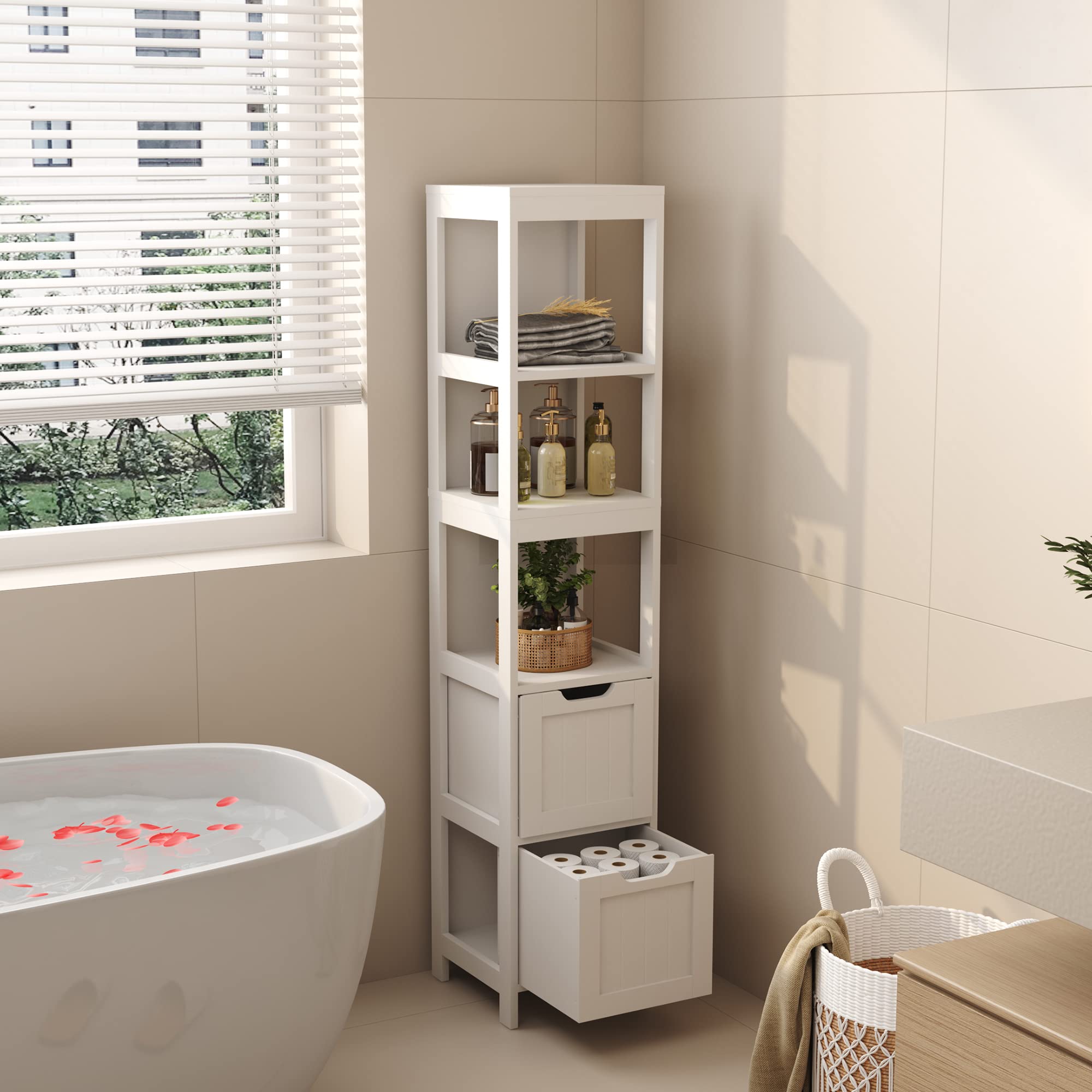 HOMEFORT Bathroom Storage Cabinet, Slim Tall Cabinet, Narrow Floor Cabinet Organizer, Wooden Linen Tower with 2 Drawers and 3 Shelves, Freestanding Cupboard White