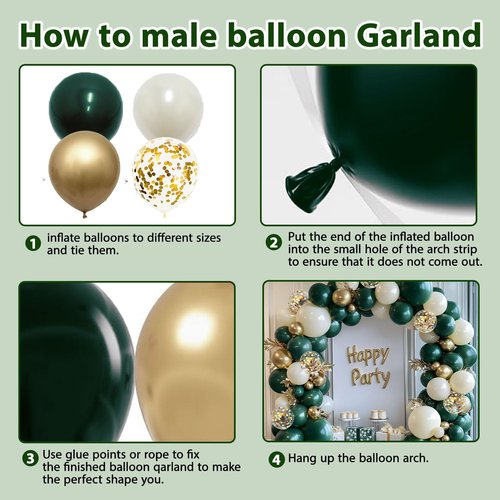 Emerald Green and Gold Balloons Arch Kit, Double Stuffed Dark Hunter Forest Green Pearl Sand White Metallic Gold Balloons for Wedding First Communion Birthday Graduation Party Decorations