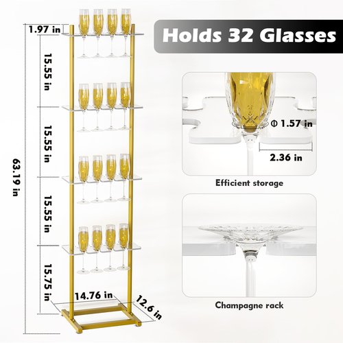 WYJREES Champagne Wall for Party, 4 Tier Acrylic Champagne Wall Holder with 32 Glass Slots, Movable Champagne Wall Flute Stand for Wedding, Parties, Events, Bridal Showers, Photo Booth Props
