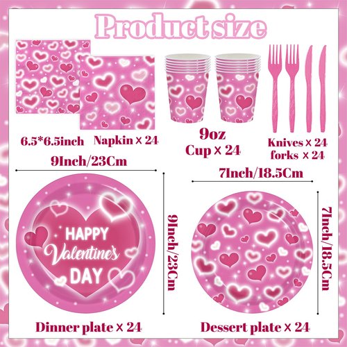 Valentine's Day Party Supplies Happy Valentine's Day Pink Heart Love Tableware Disposable Paper Plates Napkins Cups Forks and Knives for Valentine Day, Anniversary,Wedding Table Decor,Serve 24