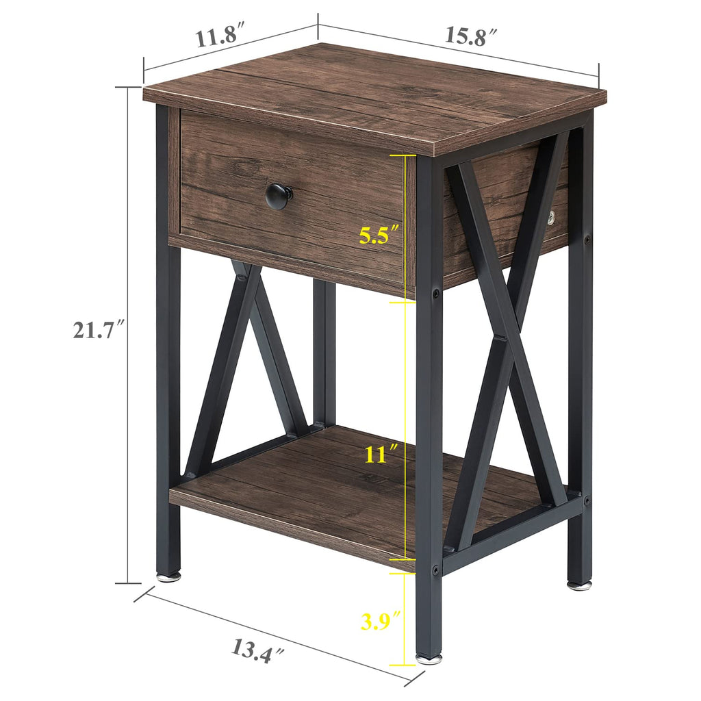 VECELO Nightstand,Modern Bedside End Table, Night Stand with Drawer and Storage Shelf for Living Room Bedroom, Industrial Metal Frame