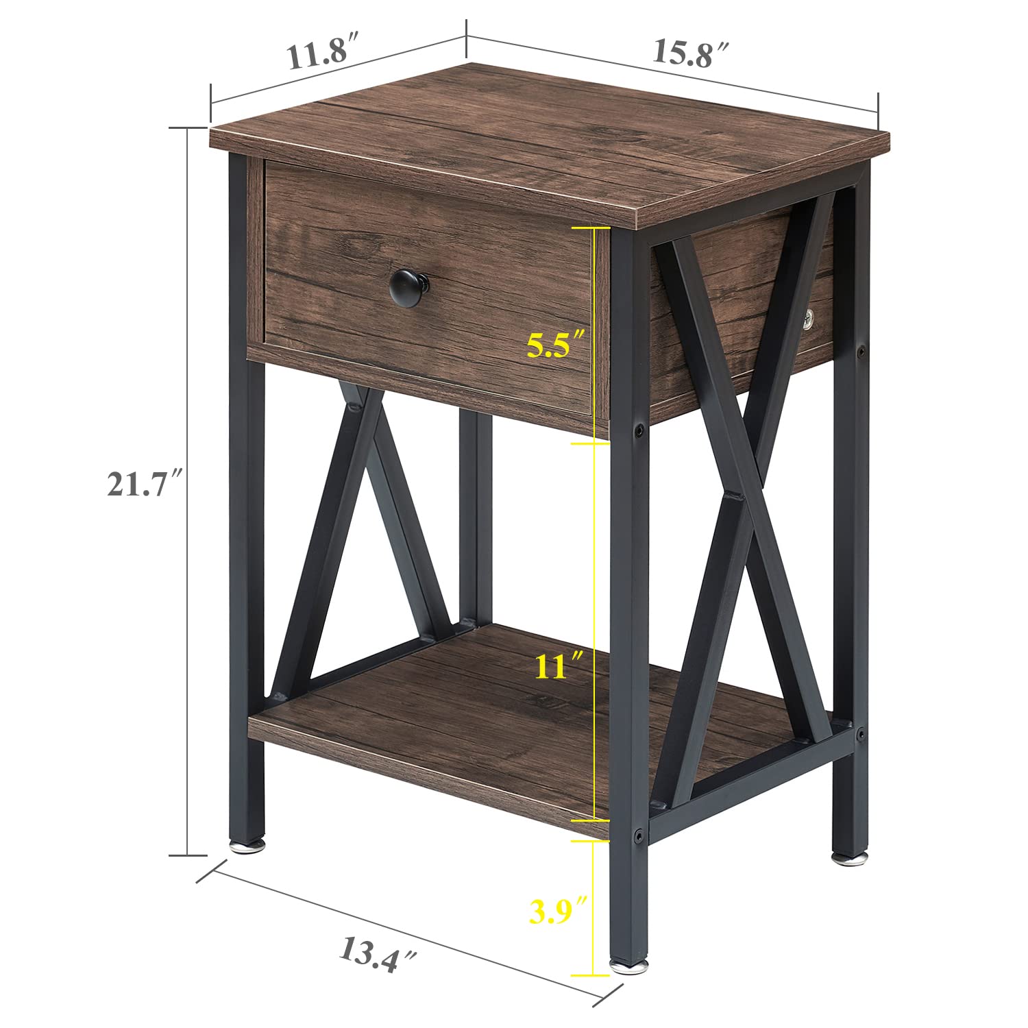 VECELO Nightstand,Modern Bedside End Table, Night Stand with Drawer and Storage Shelf for Living Room Bedroom, Industrial Metal Frame