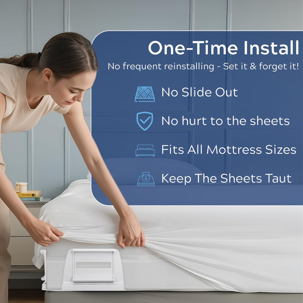 Upgrade Bed Sheet Holders for Corners: 4Pcs Fitted Lock Sheet Holders Keep Sheets Firm & Tight, Heavy Duty Bed Sheet Clips, with Clip Easy to Install for All Mattress Sizes - No More Loose Sheets