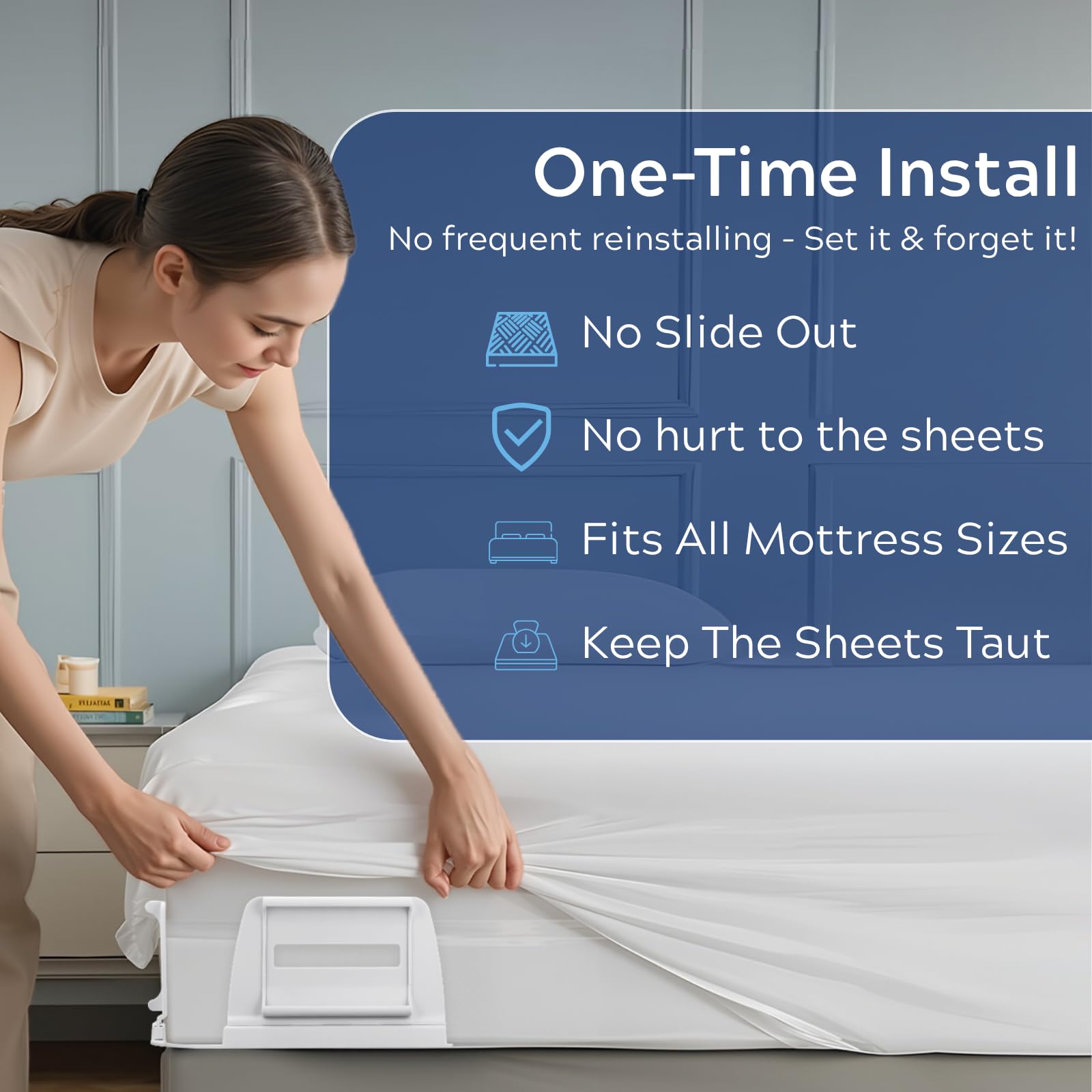 Upgrade Bed Sheet Holders for Corners: 4Pcs Fitted Lock Sheet Holders Keep Sheets Firm & Tight, Heavy Duty Bed Sheet Clips, with Clip Easy to Install for All Mattress Sizes - No More Loose Sheets