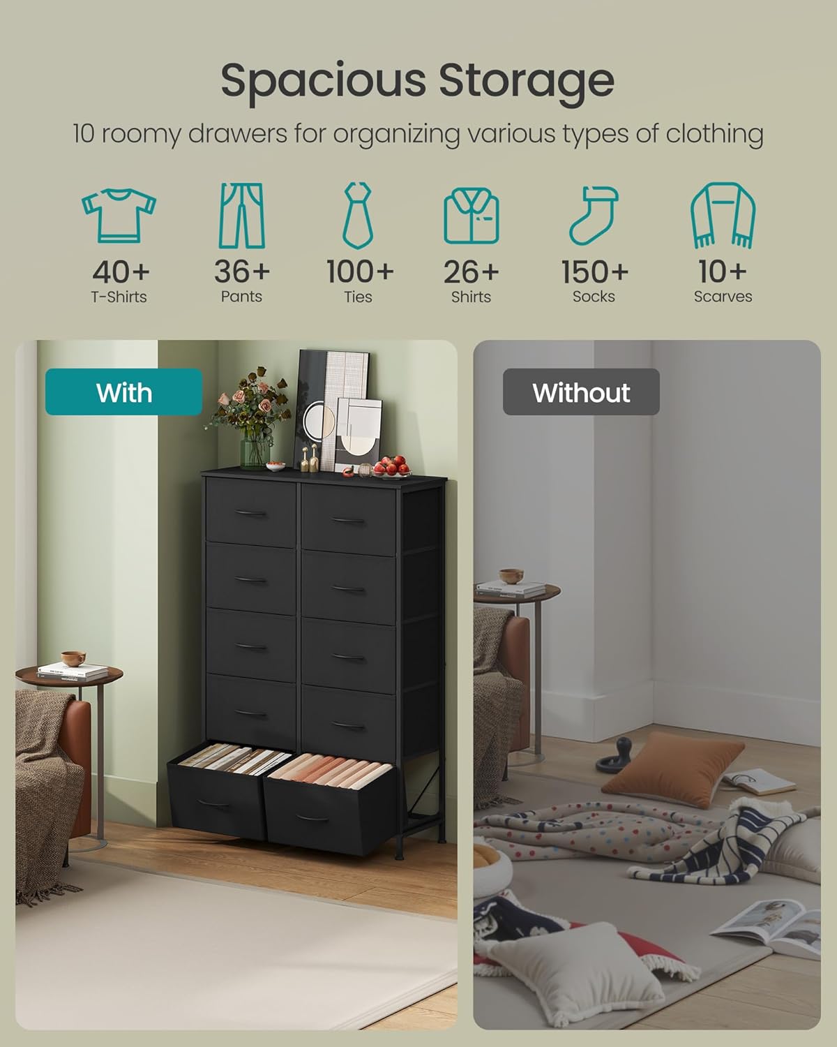 SONGMICS Dresser - Rustic Brown & Ink Black Chest of Drawers with 10 Non-Woven Fabric Bins | Stylish Storage Organizer for Bedroom & Entryway