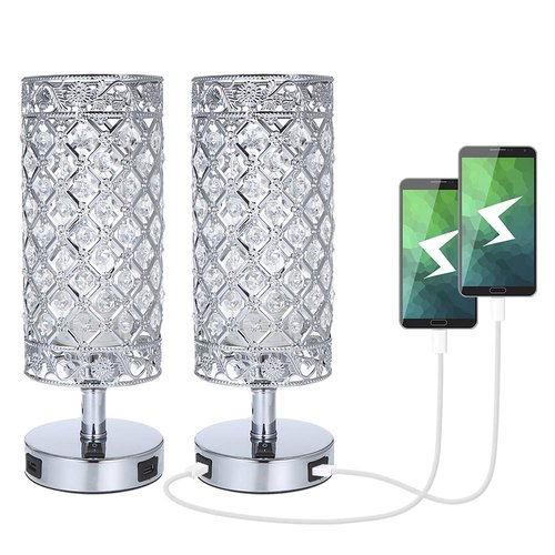 Tomshine USB Crystal Table Lamp Set of 2 Bedside Lamp with USB Charging Ports, Modern Elegant Nightstand Lamp Desk Lamps，Silver Crystal Lamps for Bedroom Living Room Home Office (Silver)