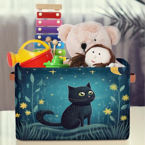 OMFUNS Cute Cat Storage Basket, Star Flower Foldable Storage Bin with Handle Fabric Rectangular Storage Box Organizer for Closet Shelf Home Office Nursery Toy Basket, 1 Pack