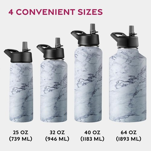 Triple-Insulated Stainless Steel Water Bottles with Straw, 25 Oz Reusable Insulated Water Bottles with 3 Lids, Metal Water Bottle for Travel, School, Sports, Gym/Men, Women & Kids (Marble White)